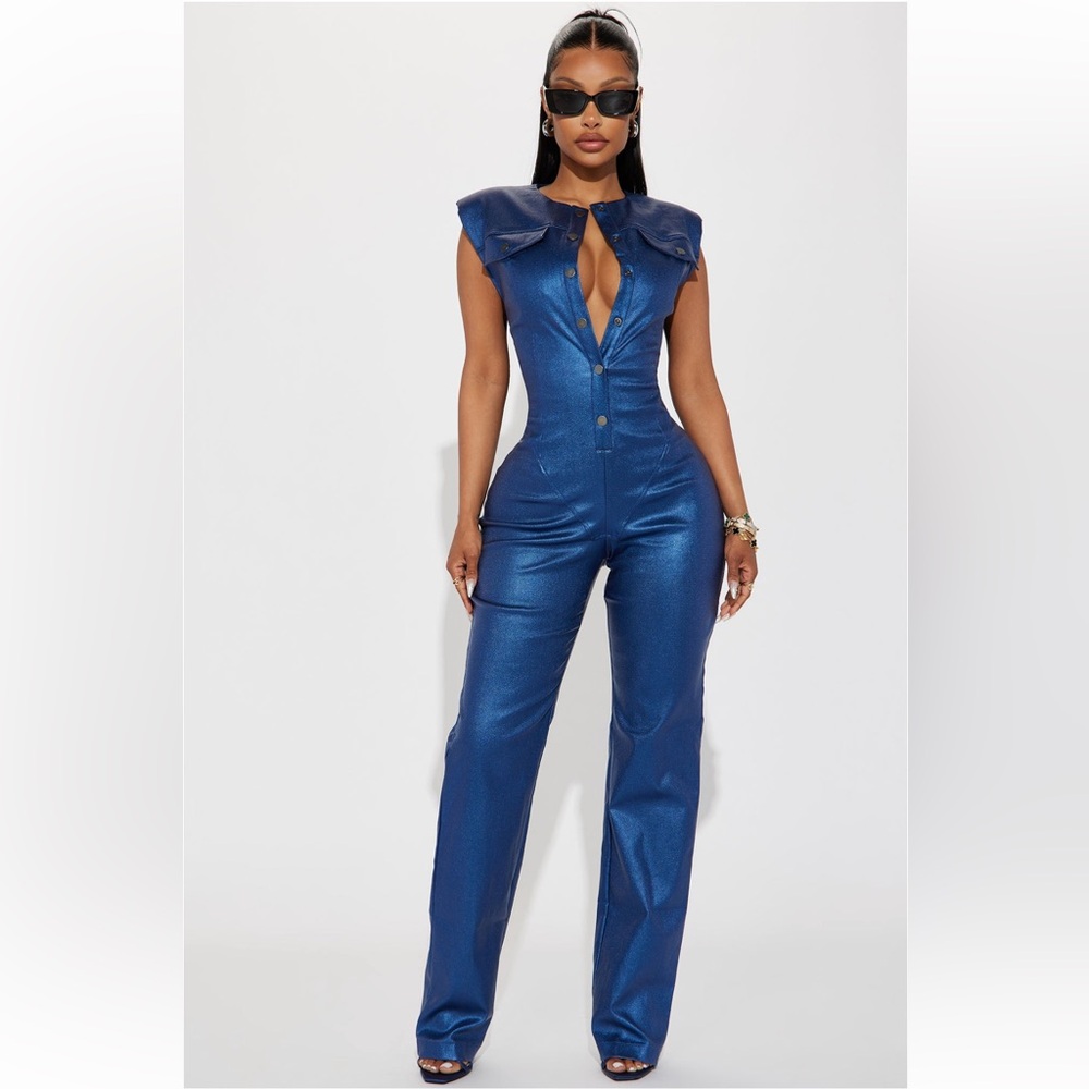 Fashion Nova - Guest List Metallic Blue Jumpsuit
